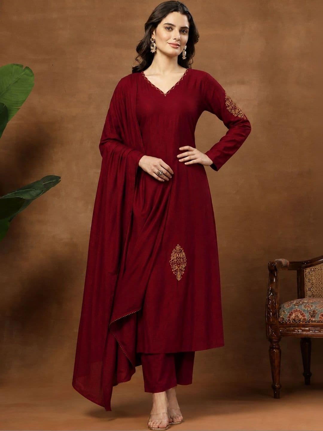Sangria Women Ethnic Motifs Embroidered Kurta with Trousers & Dupatta - view 1