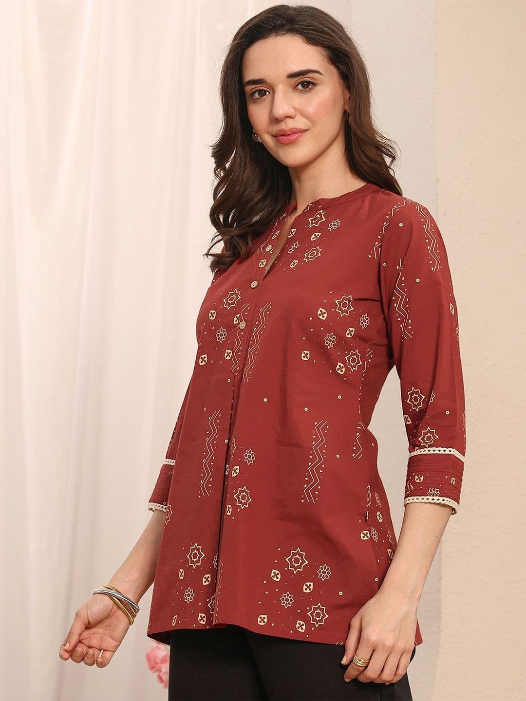 Libas Brown Ethnic Printed Cotton Straight Short Kurti thumbnail 3
