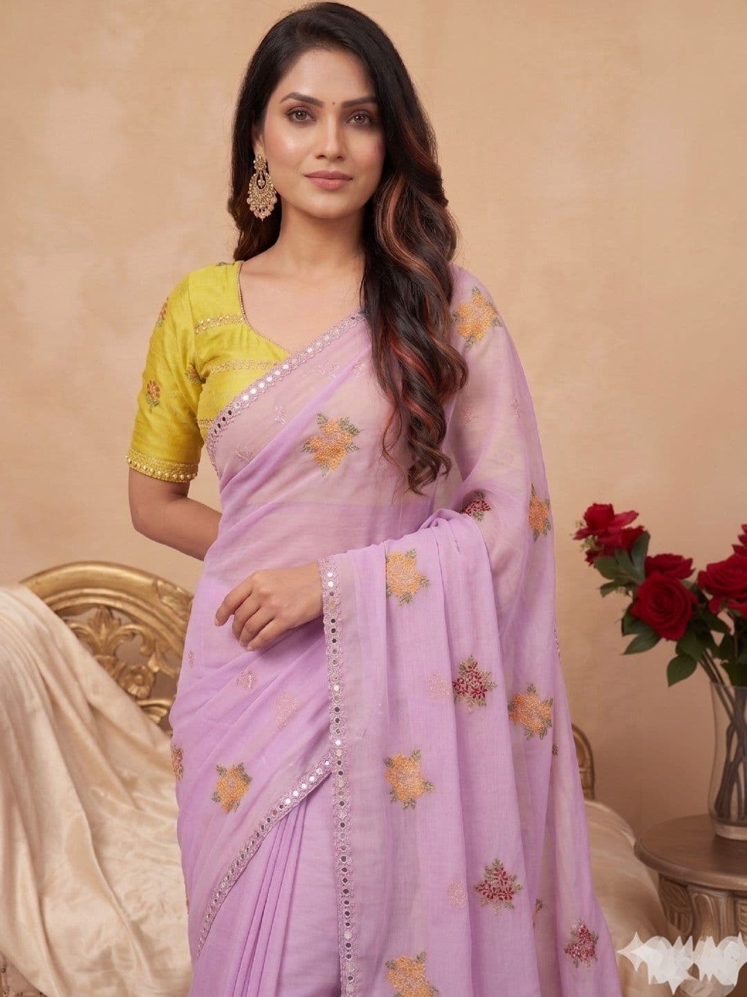 SmileyFashion Floral Mirror Work Poly Chiffon Designer Saree thumbnail 3