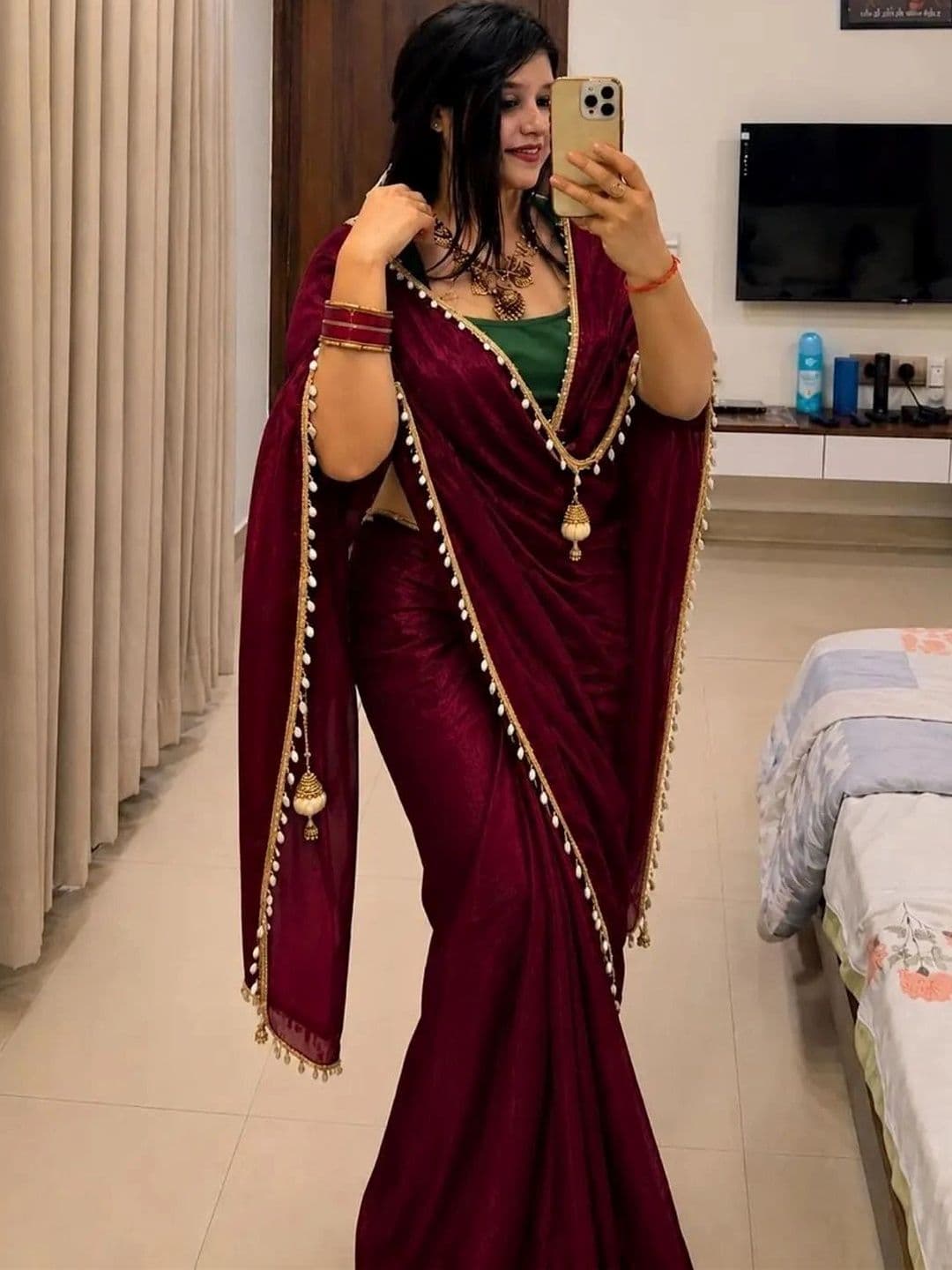Vastra Drape Beads and Stones Silk Blend Saree - view 1