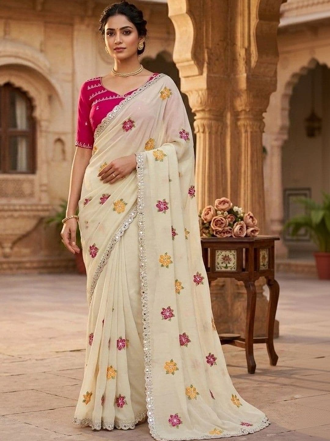 SmileyFashion Floral Embroidered Poly Chiffon Designer Saree thumbnail 5