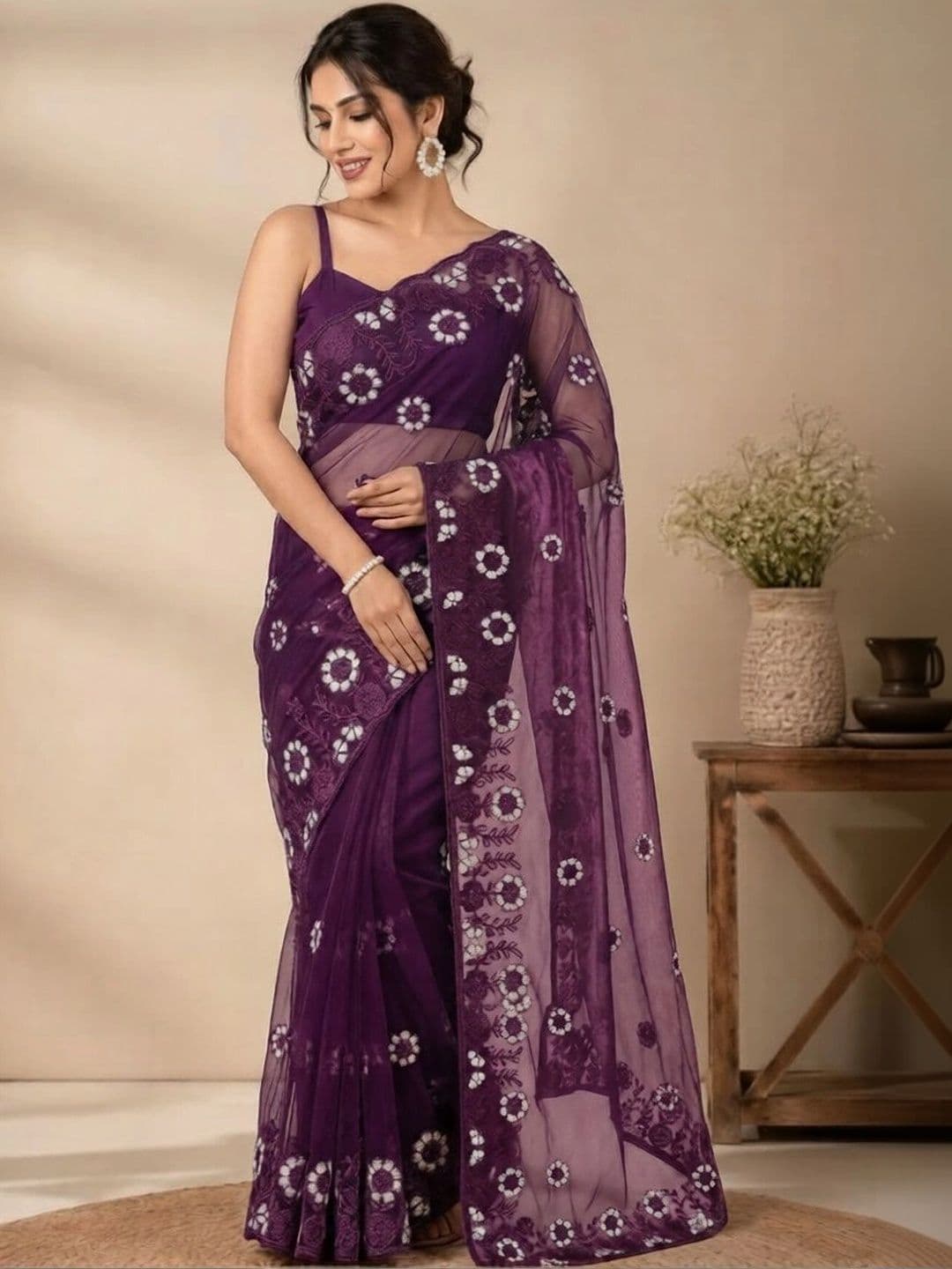 akhodalkrp Floral Embroidered Net Saree - view 1
