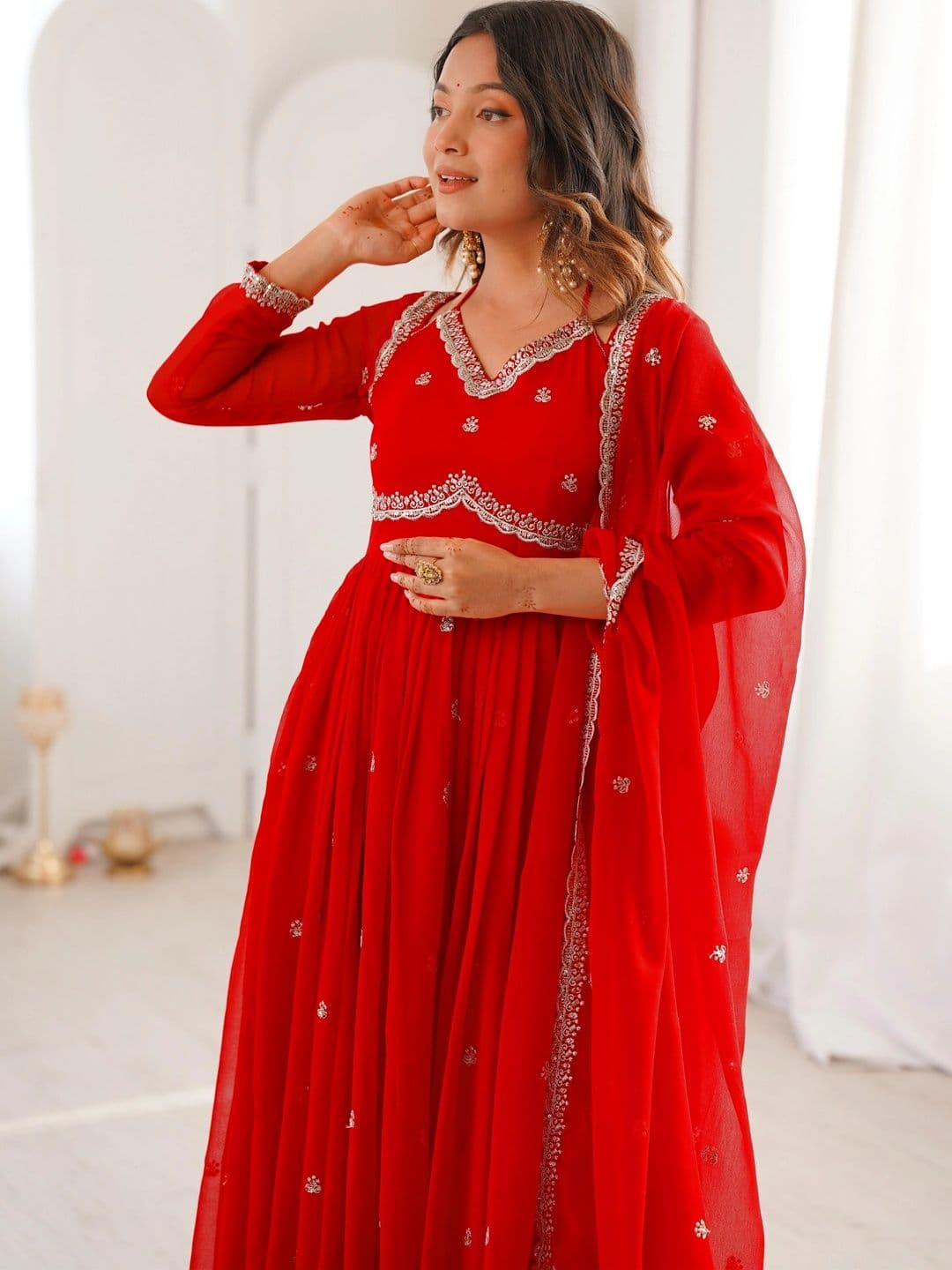Frenzy Fusion Women Ethnic Motifs Embroidered Angrakha Thread Work Kurta with Palazzos & With Dupatta thumbnail 4