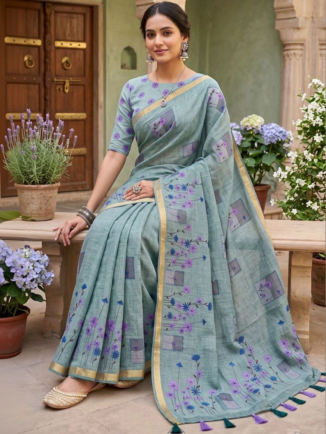 OLIVE SAGE Floral Linen Blend Tussar Saree thumbnail 4