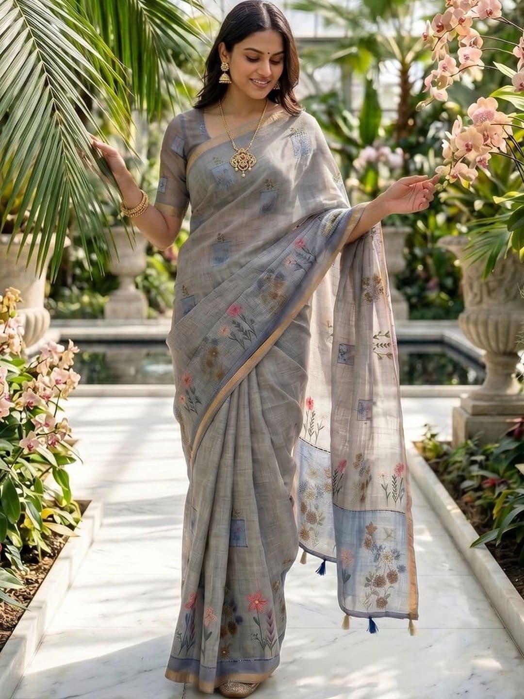 OLIVE SAGE Floral Linen Blend Tussar Saree thumbnail 5
