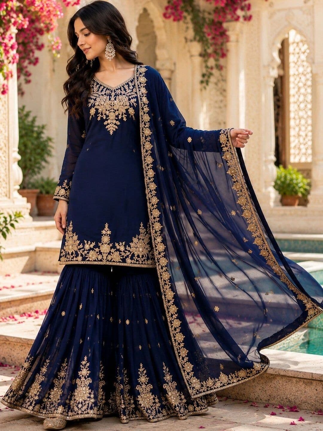 KALINI Women Ethnic Motifs Embroidered Regular Kurta with Sharara & With Dupatta - view 1
