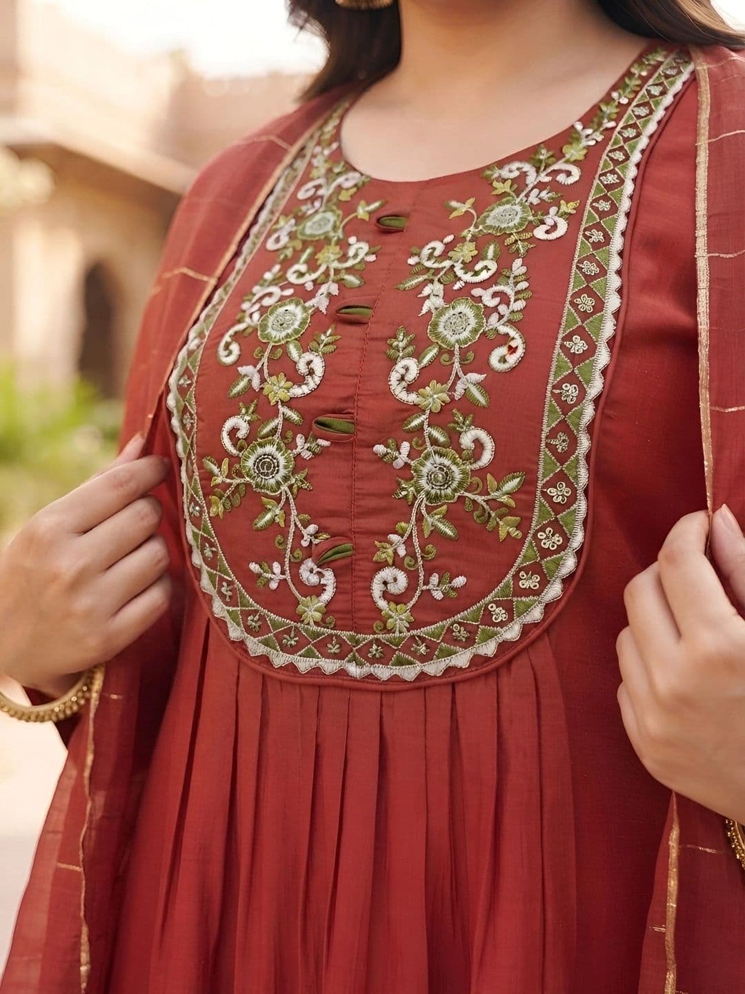 Nayo Women Ethnic Motifs Embroidered Pleated Gotta Patti Chanderi Silk Kurta with Trousers & With Dupatta thumbnail 6