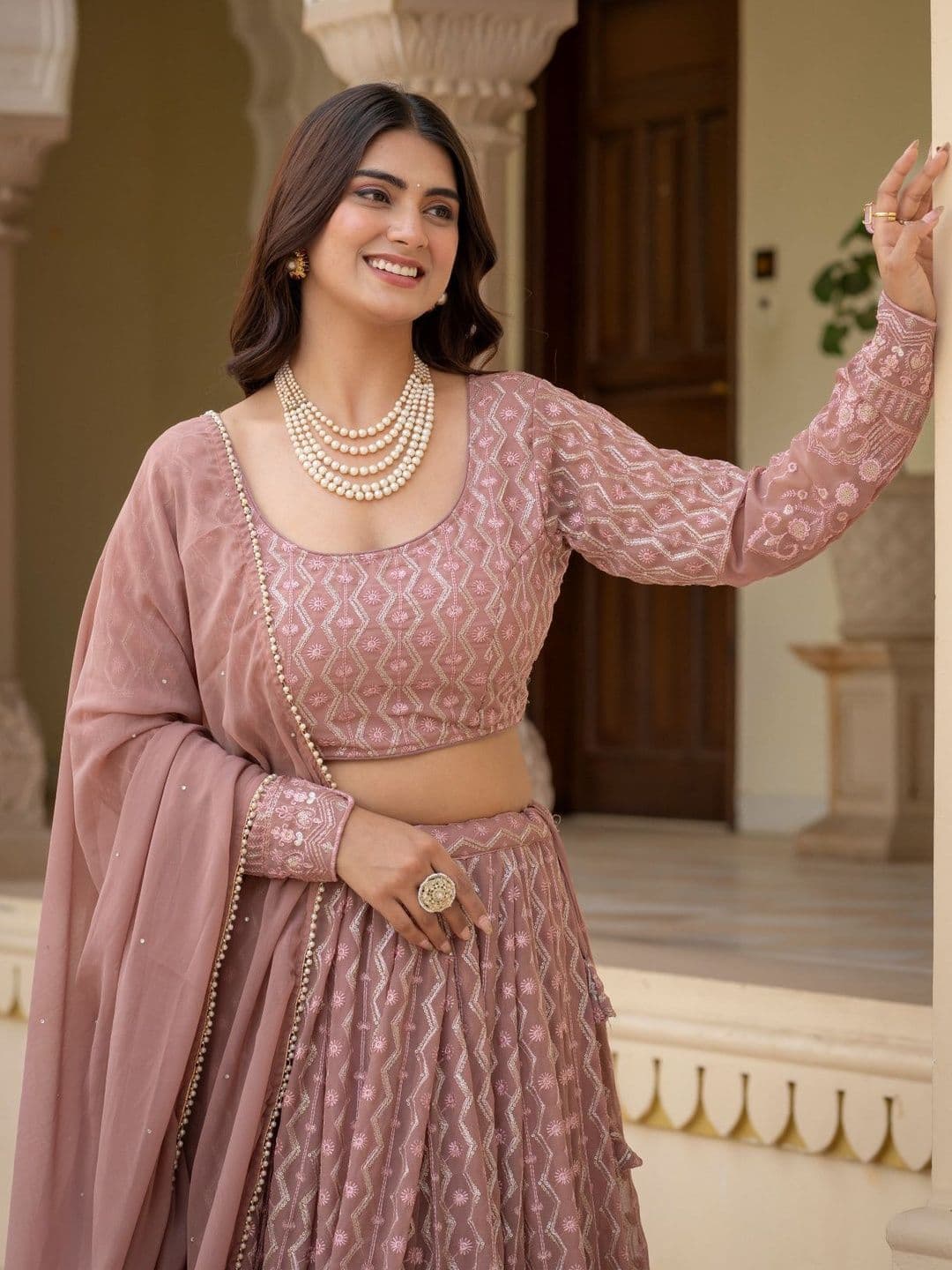 House of Pataudi Embroidered Round Neck Flared Lehenga Choli thumbnail 2