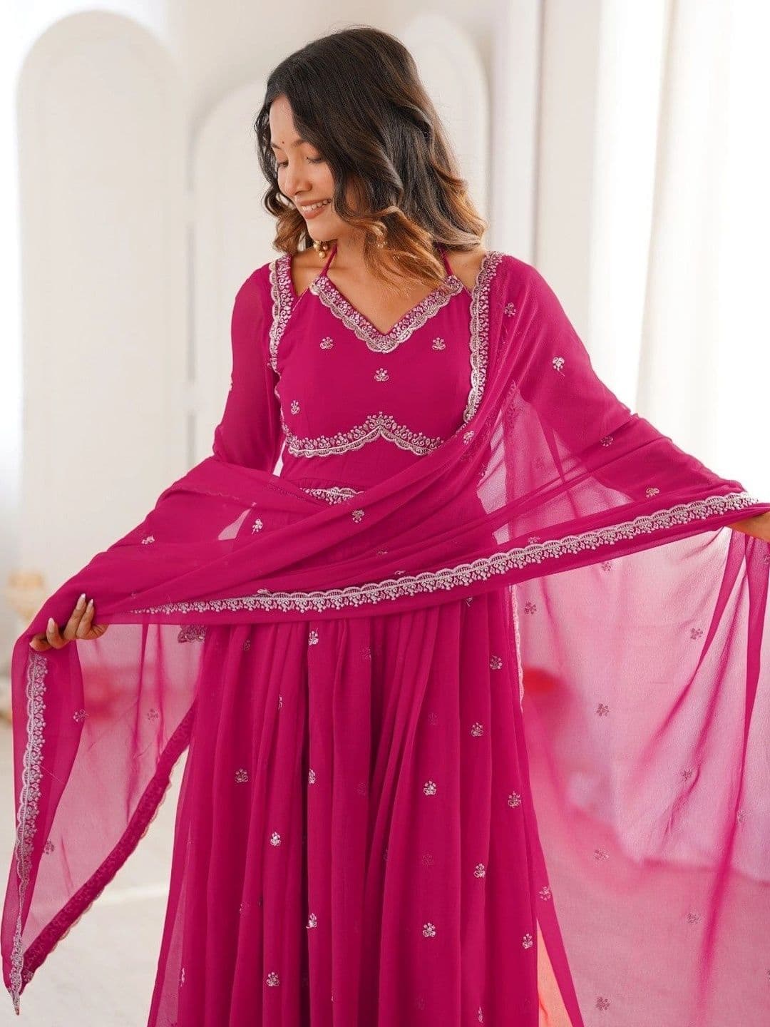 Frenzy Fusion Women Ethnic Motifs Embroidered Empire Thread Work Kurta with Pyjamas & With Dupatta thumbnail 3