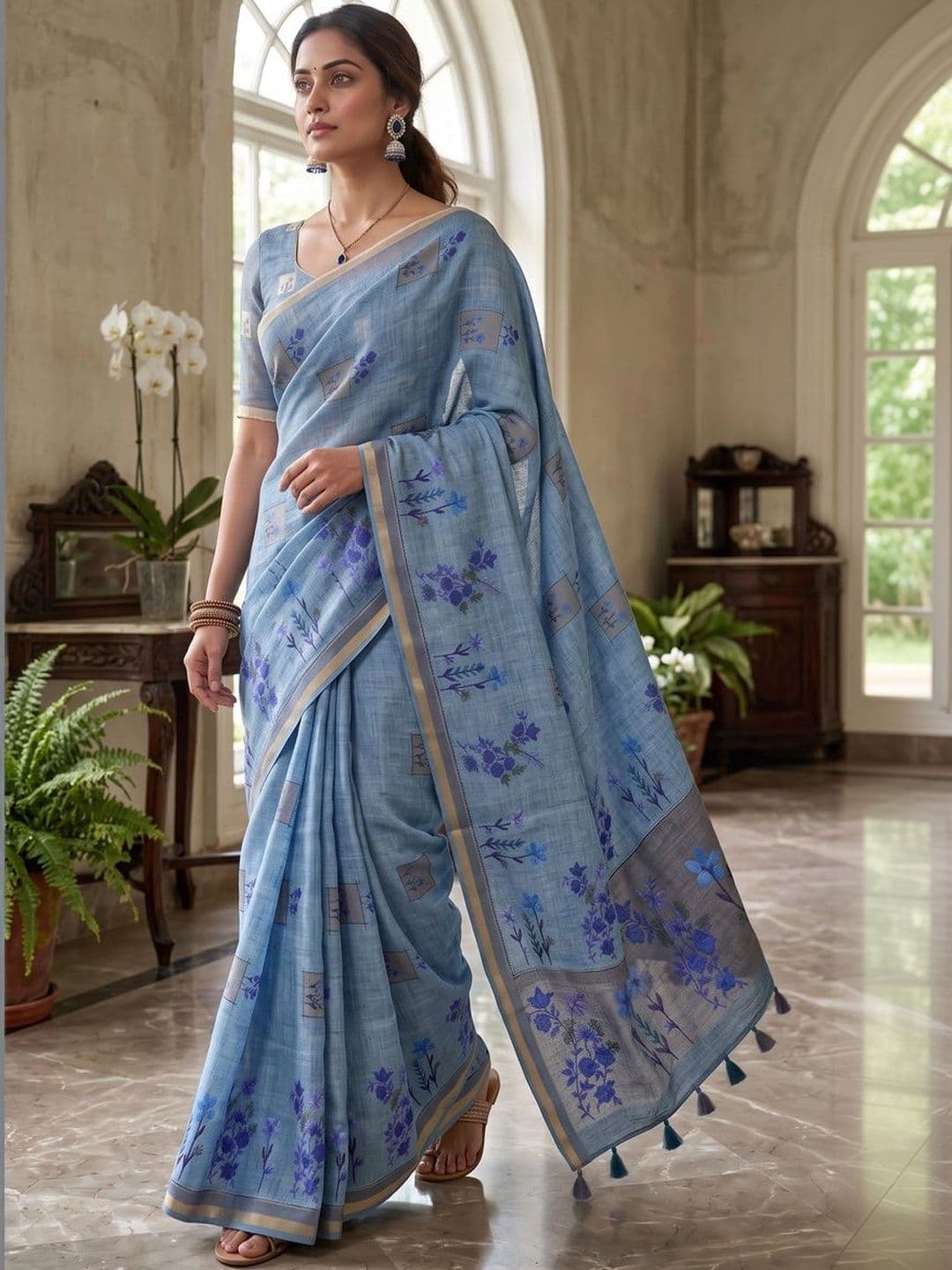 OLIVE SAGE Floral Linen Blend Tussar Saree - view 1