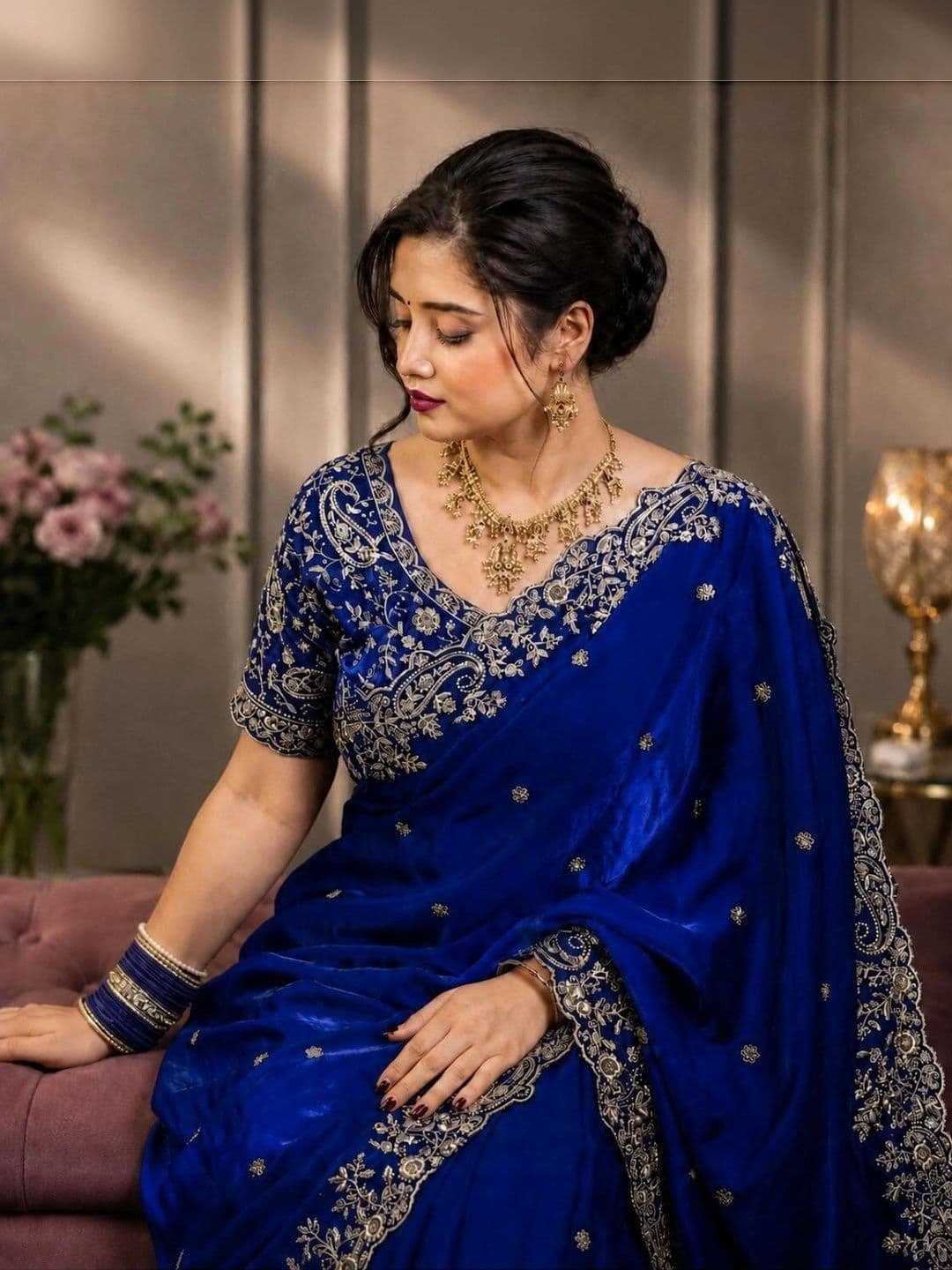 DHARMEE Ethnic Motifs Embroidered Satin Heavy Work Maheshwari Saree thumbnail 3
