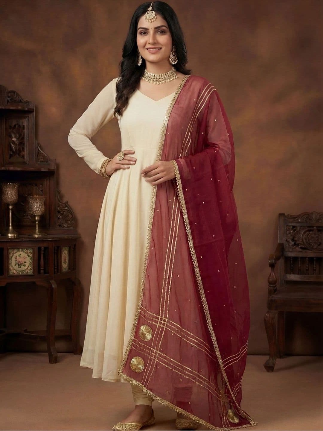 KALINI Ethnic Motifs Embroidered Organza Dupatta with Zari - view 1