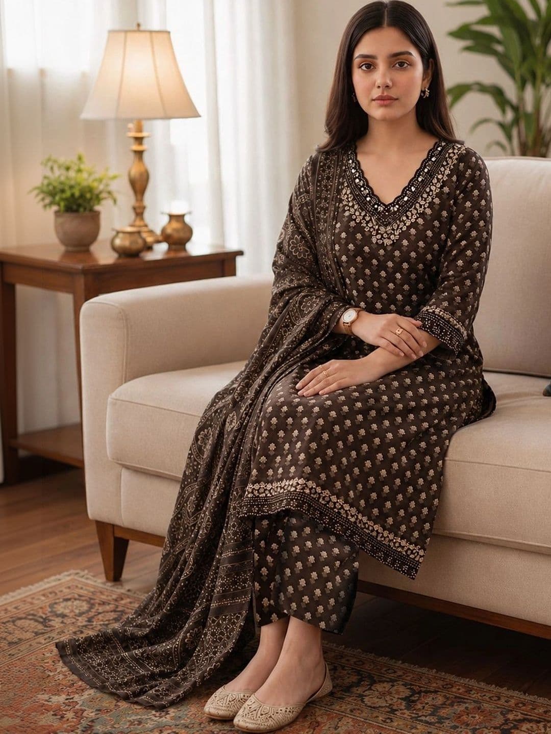 Aaghnya Women Ethnic Motifs Printed Regular Kurta with Trousers & With Dupatta thumbnail 5