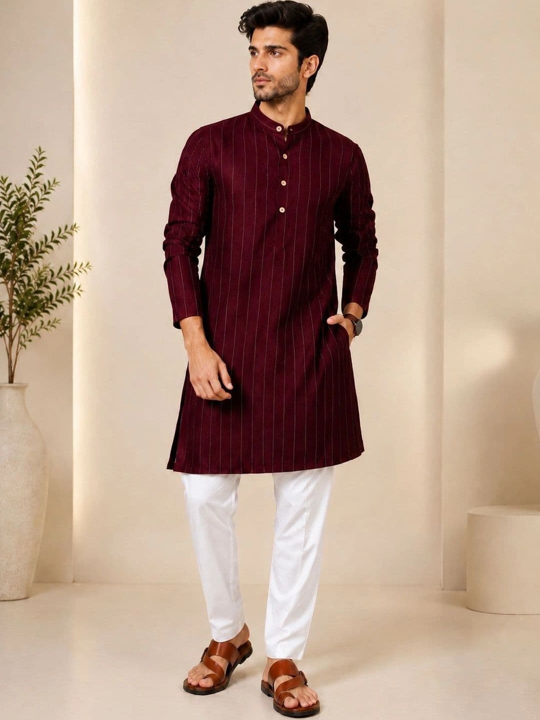 ORIFAB Men Striped Kurta thumbnail 5