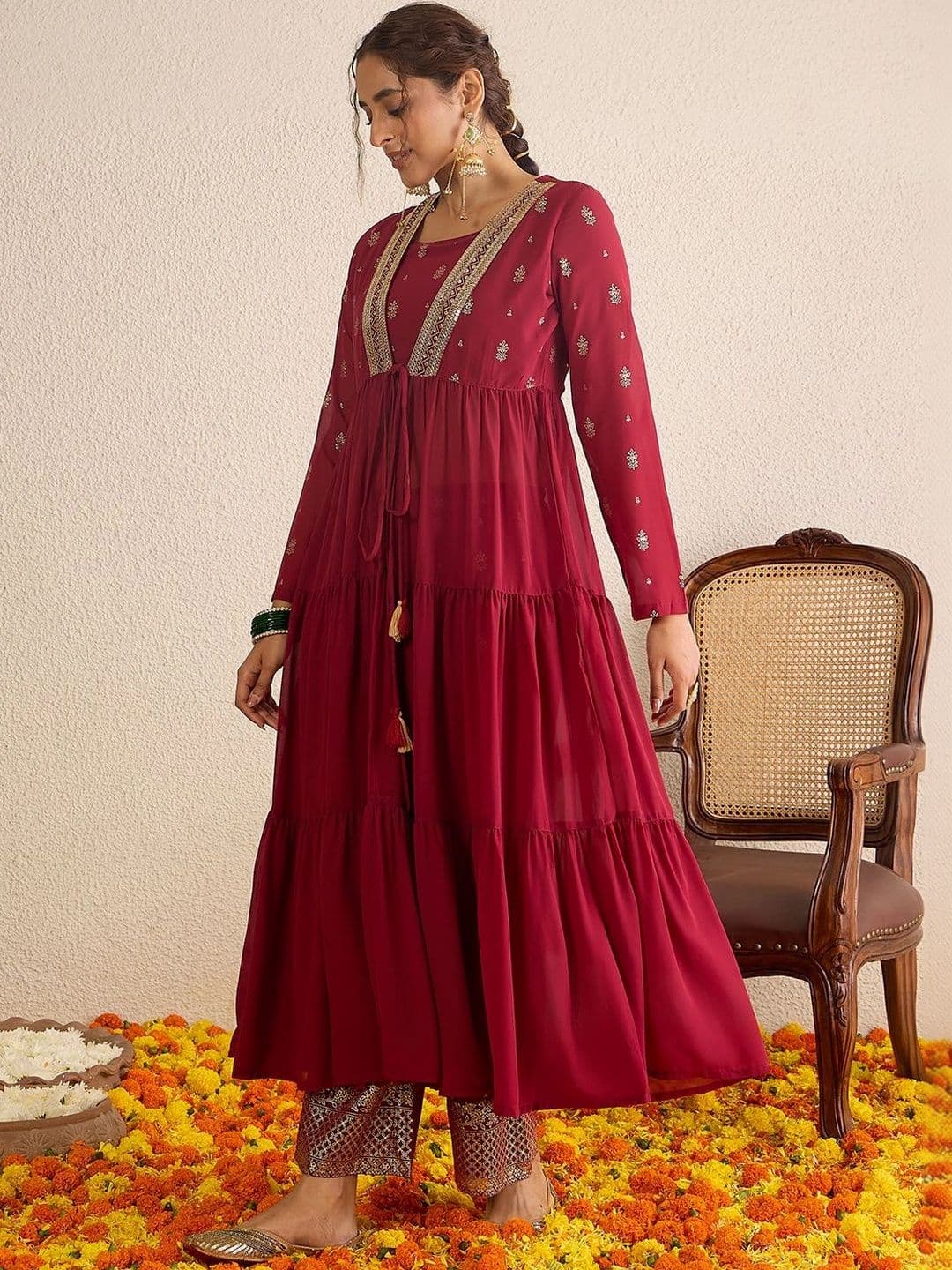 Janasya Women Maroon Georgette Embellished Gold Printed Front-Open Tiered Kurta Pant Set thumbnail 3