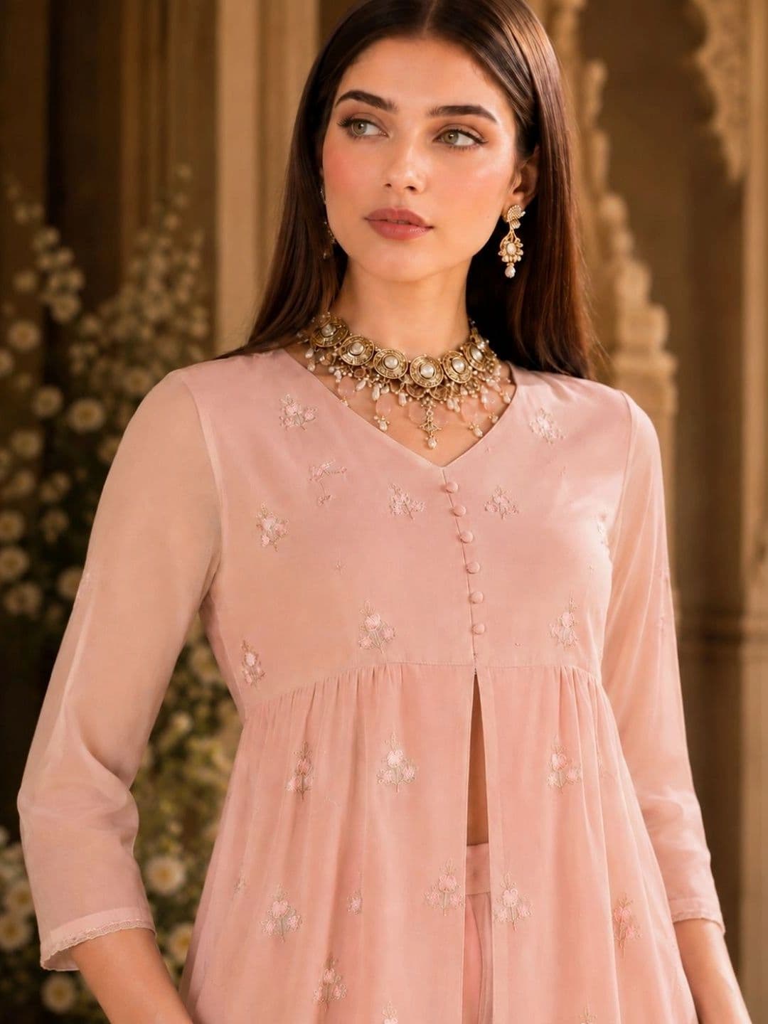 indo street Women Ethnic Motifs Embroidered Empire Thread Work Kurta with Palazzos thumbnail 2