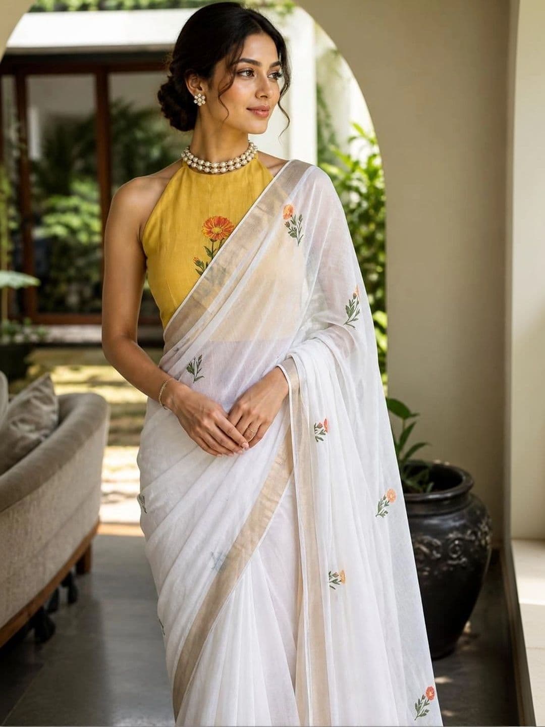 RAJHANS ENTERPRISE Floral Printed Pure Linen Saree thumbnail 5