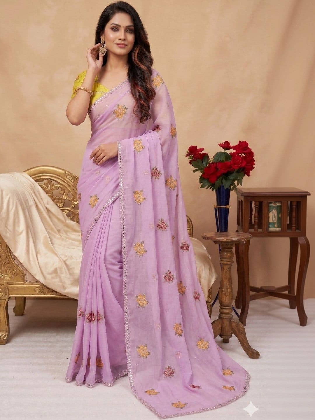 SmileyFashion Floral Mirror Work Poly Chiffon Designer Saree thumbnail 5