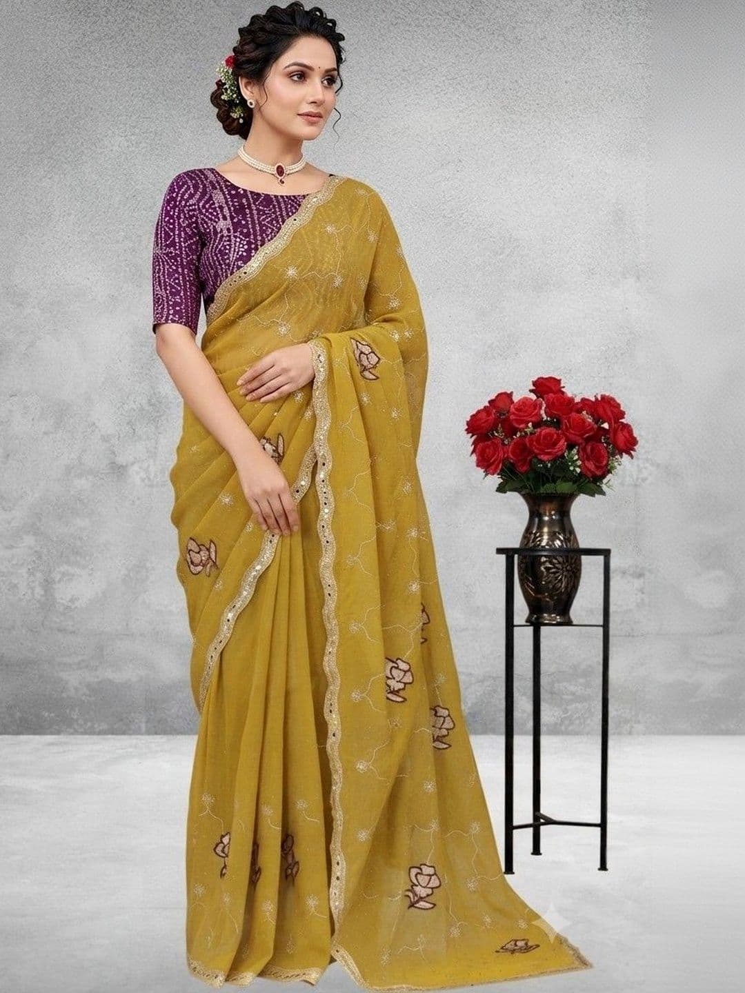 SmileyFashion Floral Embroidered Poly Georgette Saree - view 1