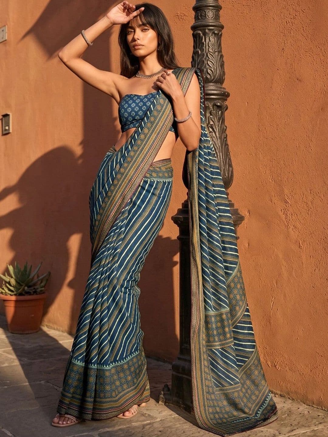 SAARA Striped Pure Georgette Saree - view 1