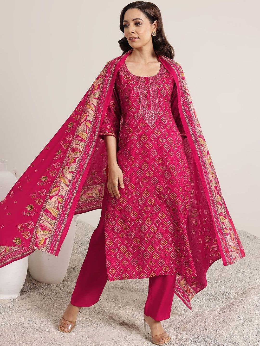Libas Women Ethnic Motifs Printed Regular Mirror Work Kurta with Trousers & With Dupatta - view 1