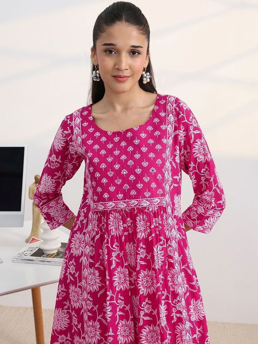 Gerua By Libas Libas Fuchsia Pink Floral Print A-Line Suit Set with Dupatta thumbnail 4