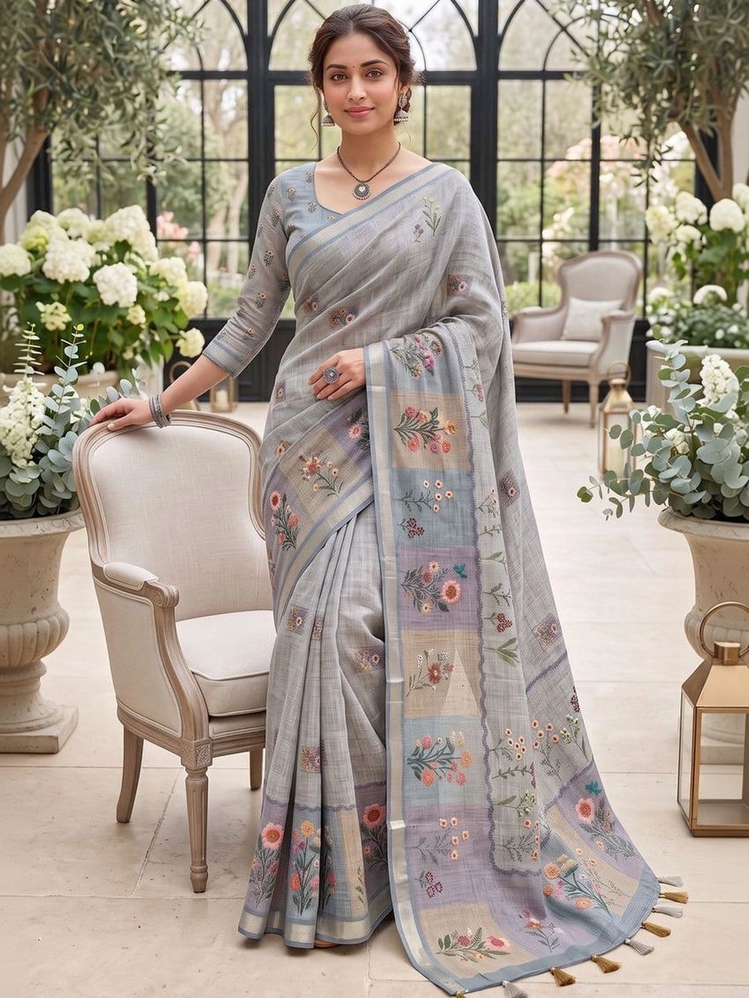 OLIVE SAGE Floral Linen Blend Tussar Saree thumbnail 4