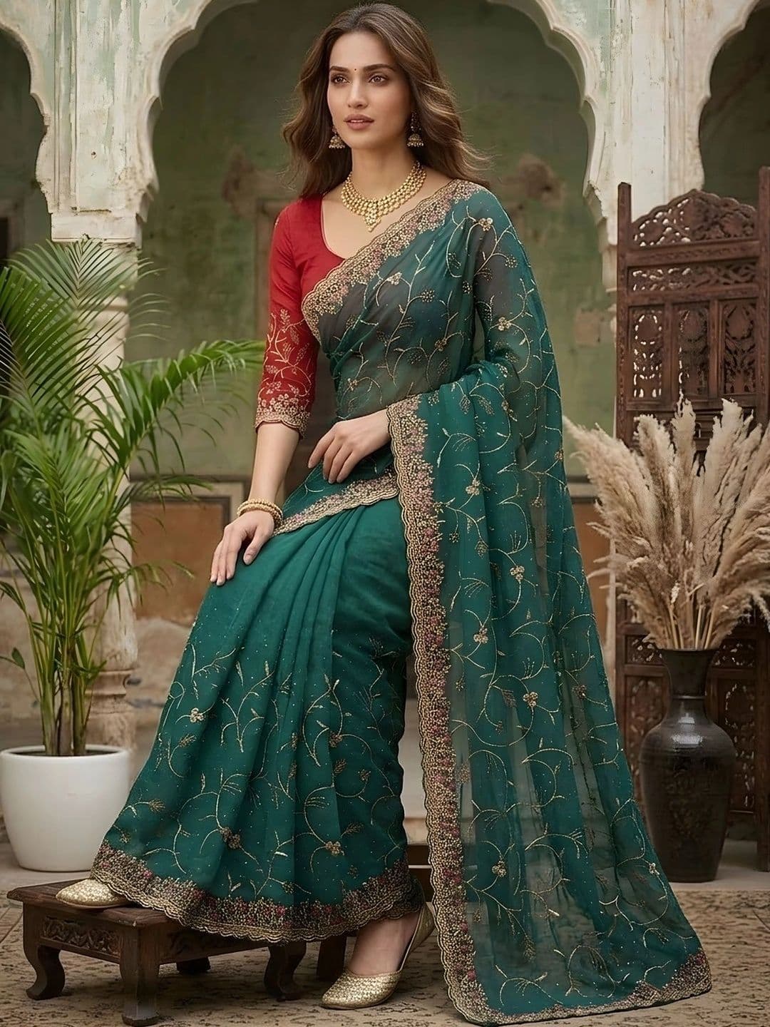 all about you  Women Floral Embroidered Silk Blend Fusion Saree thumbnail 4