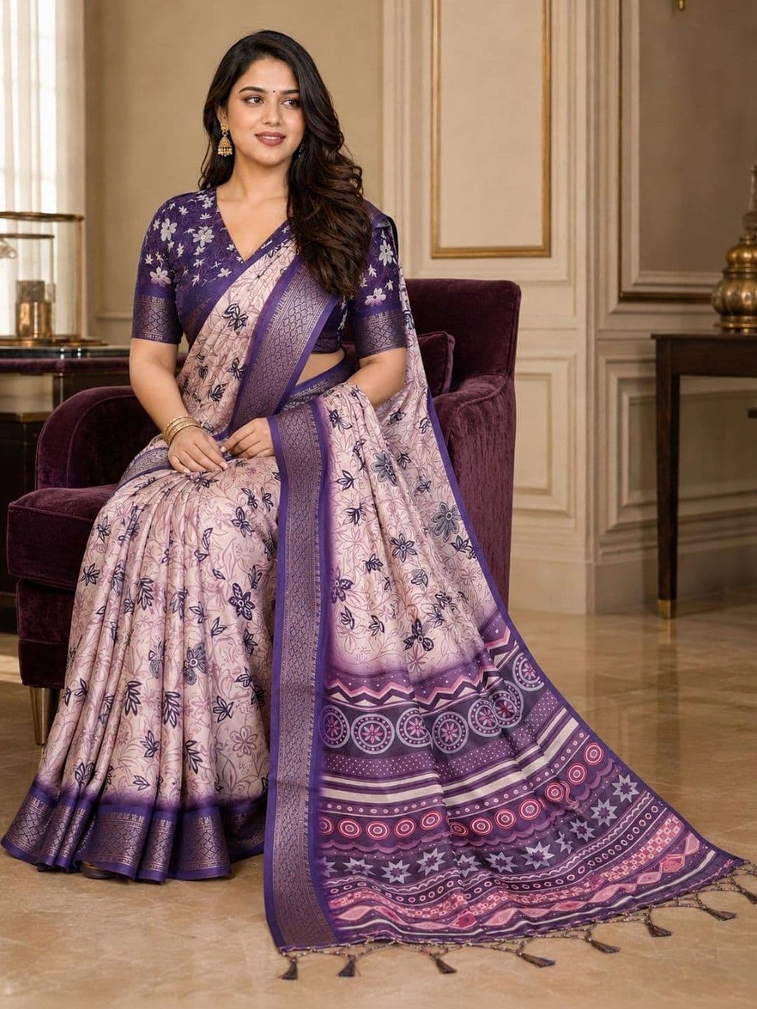 IKSHARA  Women Floral Silk Cotton Saree thumbnail 3