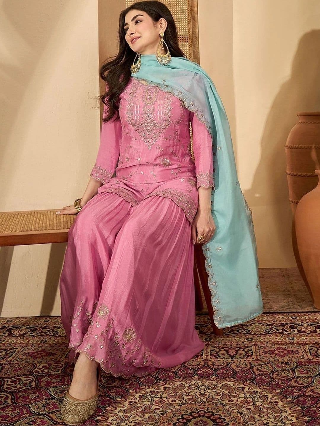 all about you Women Ethnic Motifs Embroidered Regular Sequinned Kurta with Sharara & With Dupatta thumbnail 4