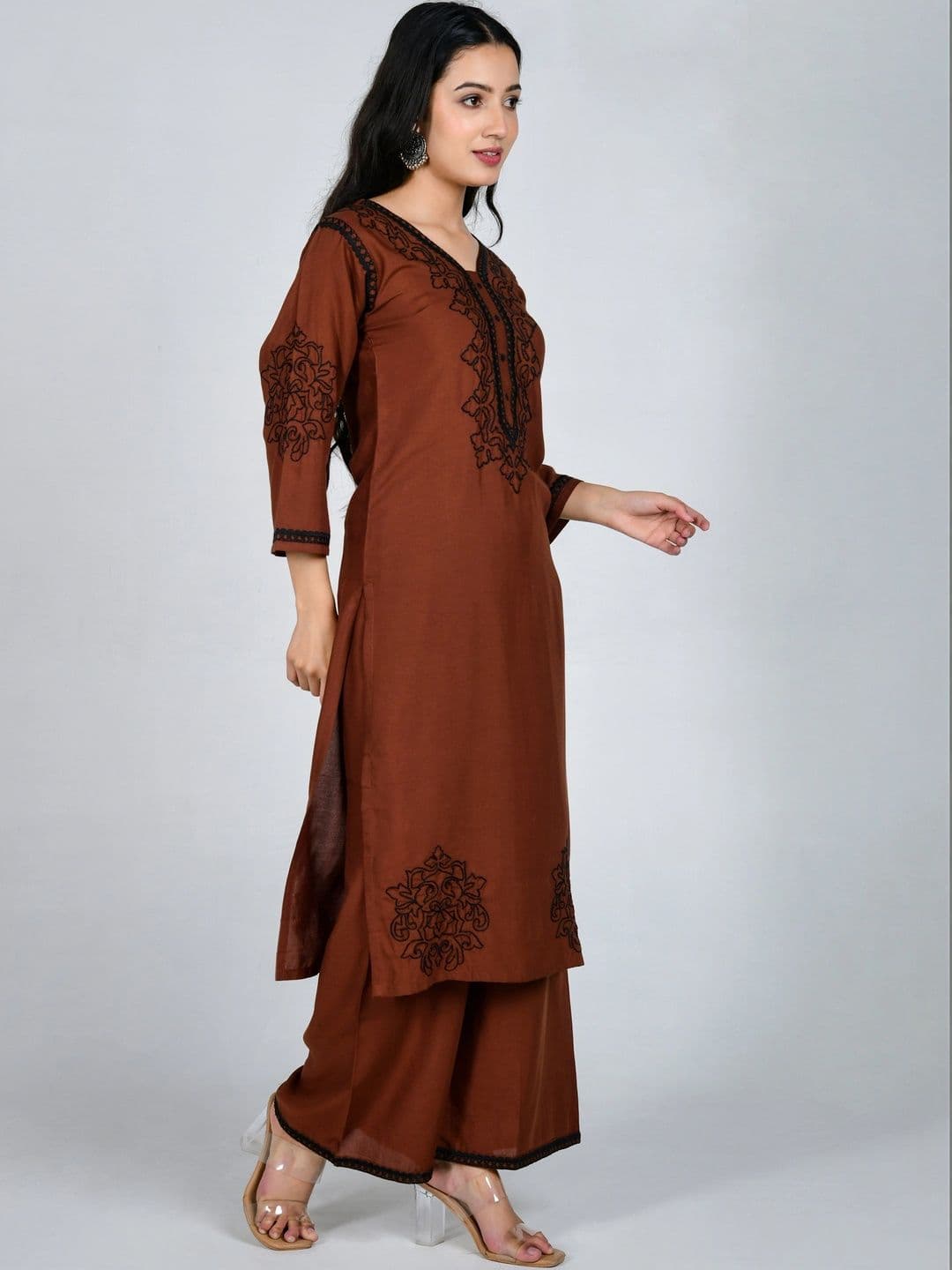 YOJINI Women Ethnic Motifs Embroidered Regular Thread Work Kurta with Palazzos thumbnail 6