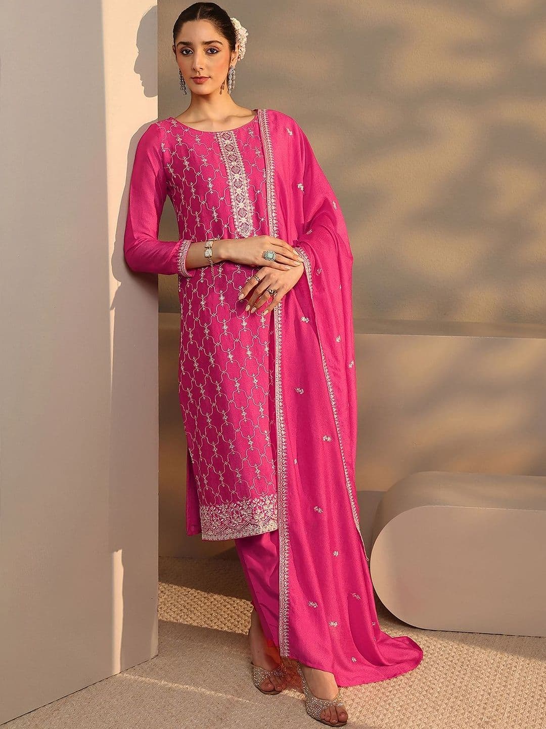 Libas Women Ethnic Motifs Embroidered Regular Thread Work Kurta with Trousers & With Dupatta - view 1