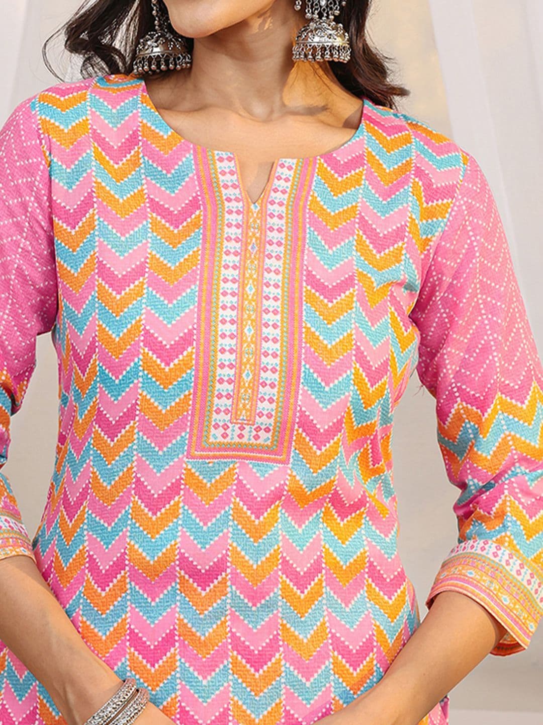 Gerua By Libas Libas Pink Chevron Printed Straight Suit Set with Dupatta thumbnail 2