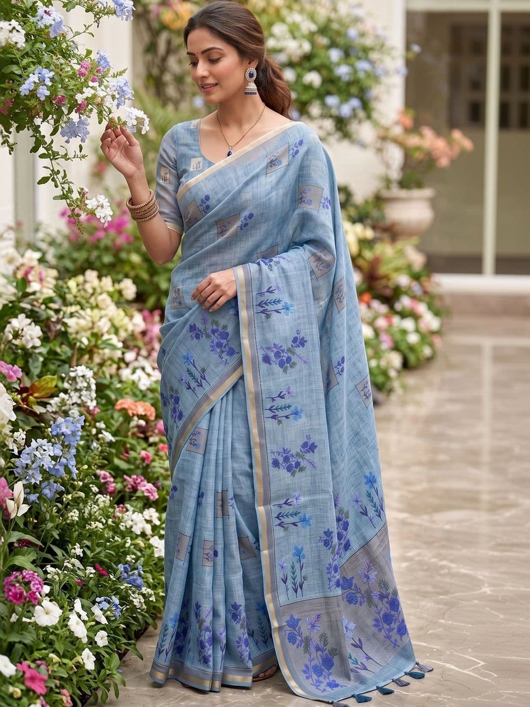 OLIVE SAGE Floral Linen Blend Tussar Saree thumbnail 5