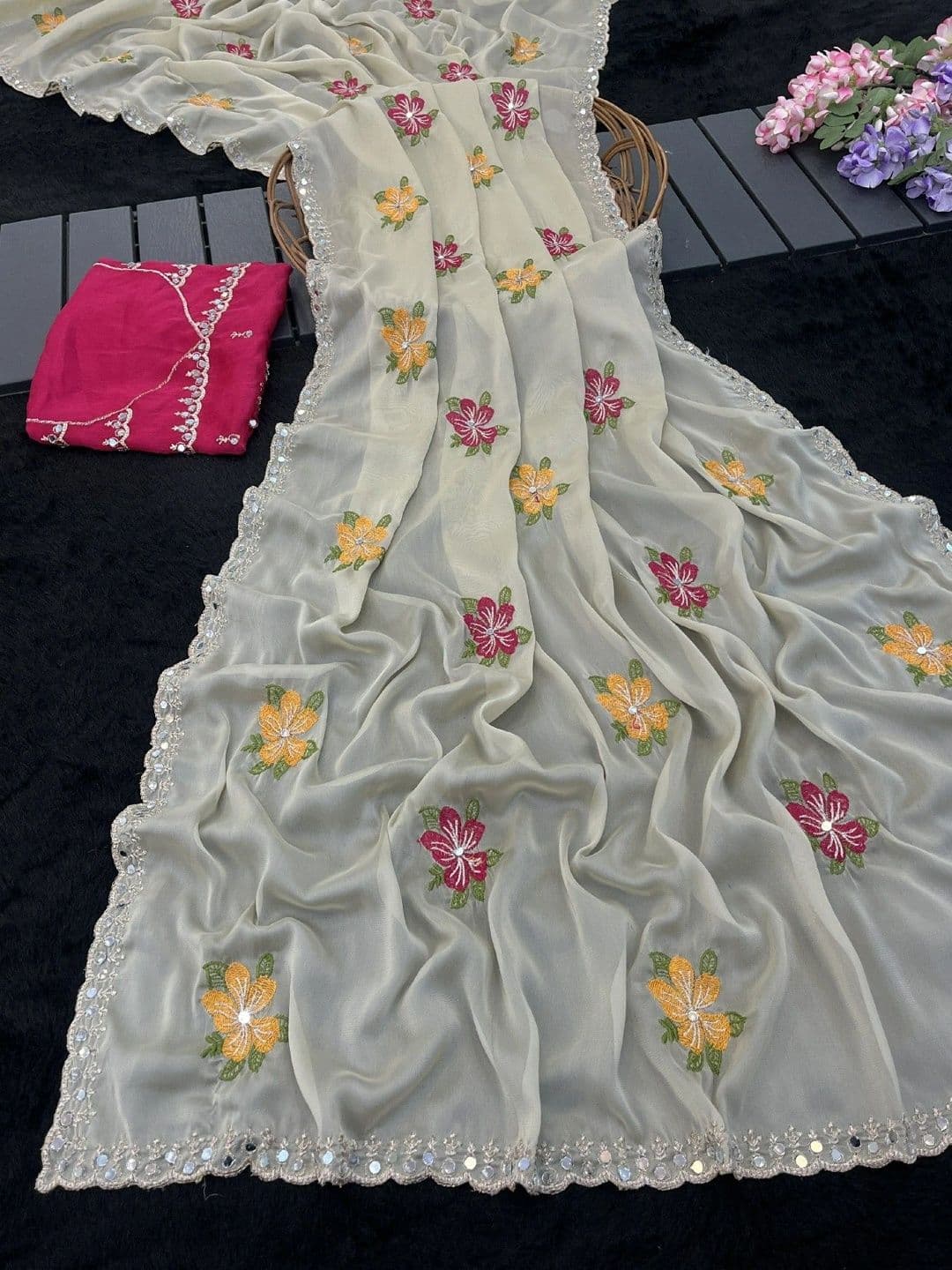 SmileyFashion Floral Mirror Work Poly Chiffon Designer Saree thumbnail 4