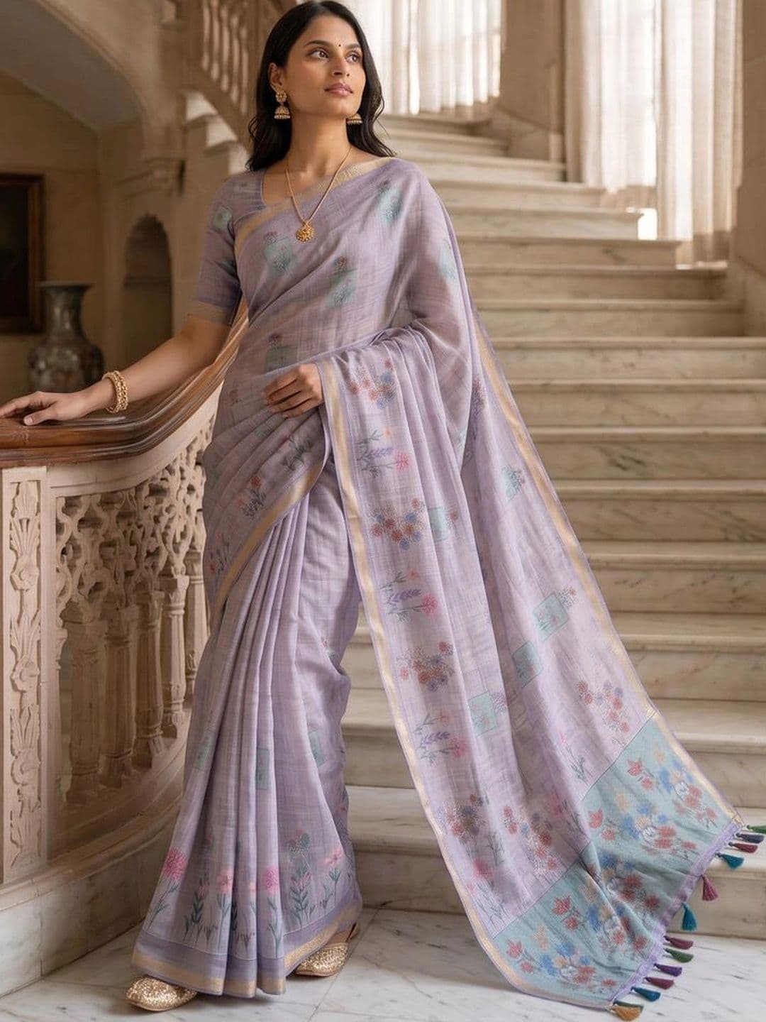 OLIVE SAGE Floral Linen Blend Tussar Saree thumbnail 2