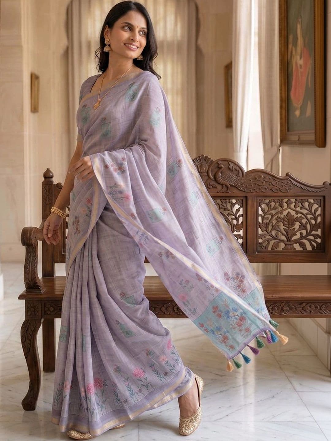 OLIVE SAGE Floral Linen Blend Tussar Saree thumbnail 5