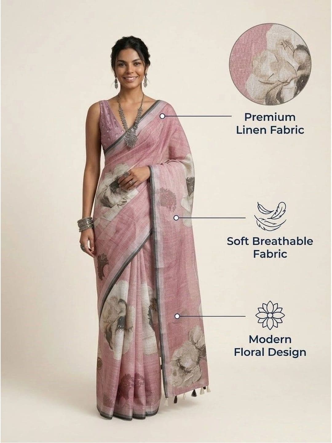 Anouk Floral Pure Linen Saree thumbnail 4