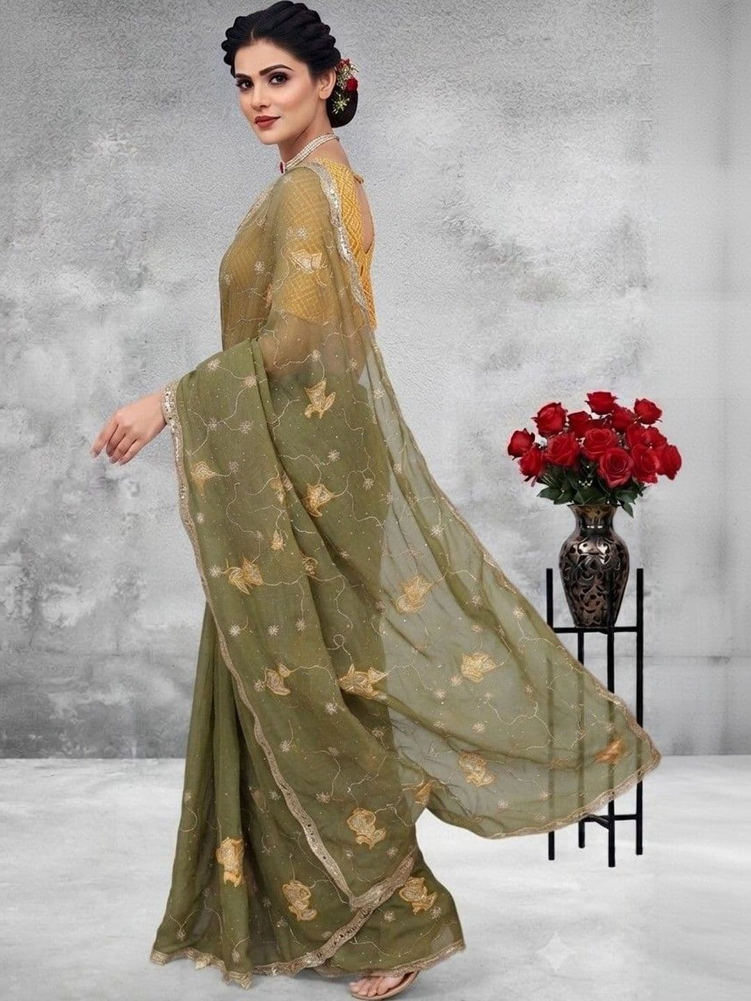 SmileyFashion Floral Embroidered Poly Georgette Saree thumbnail 6