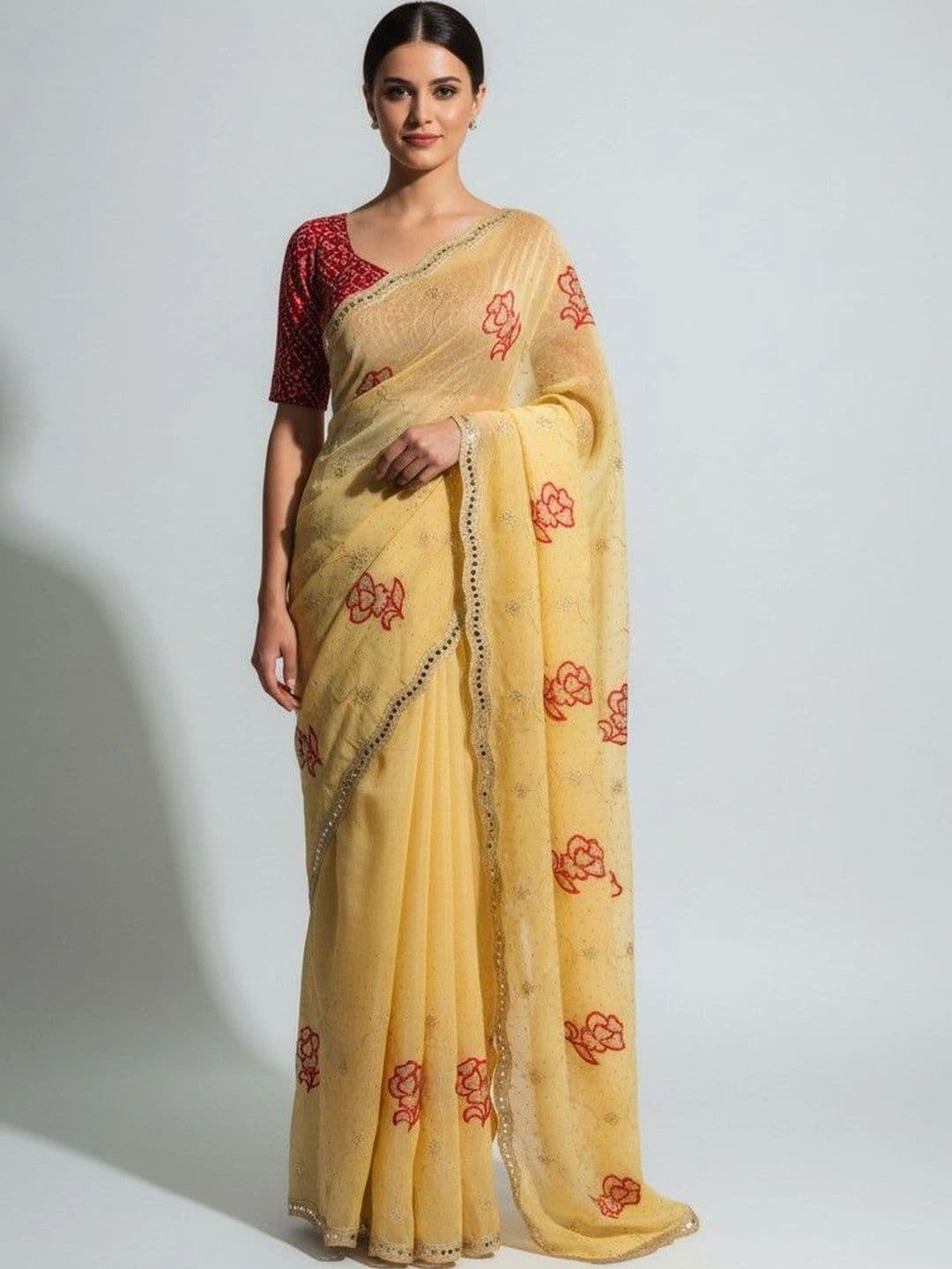 SmileyFashion Floral Embroidered Poly Georgette Saree - view 1