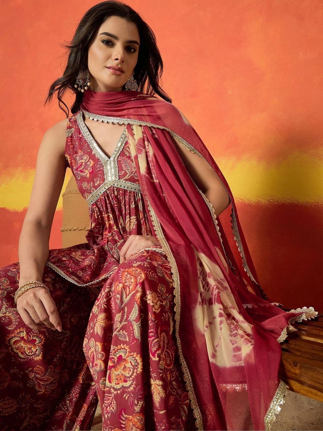 Stylum Women Floral Printed Tiered Sequinned Pure Cotton Kurta with Sharara & With Dupatta - view 1