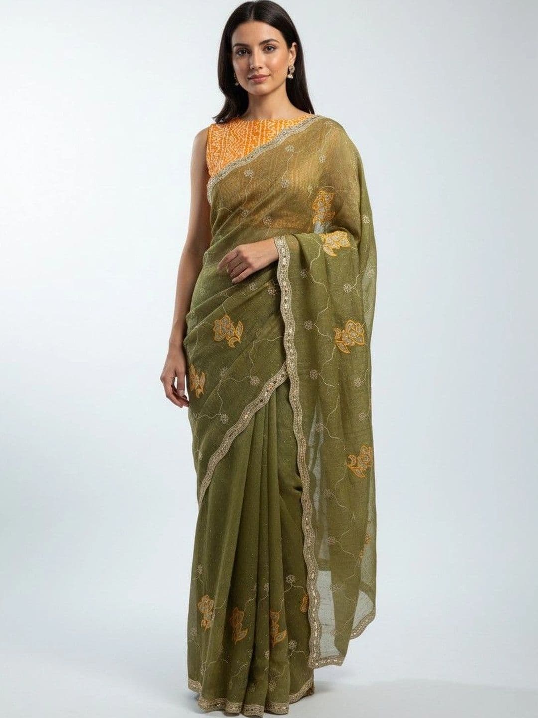 SmileyFashion Floral Embroidered Poly Georgette Saree - view 1