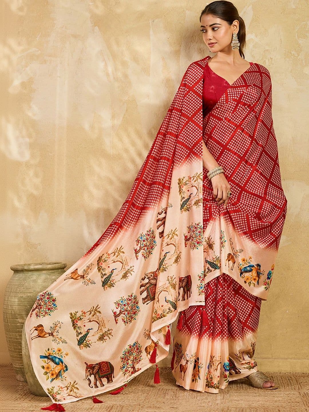 Nayanthara Trends Women Bandhani Poly Chiffon Designer Saree thumbnail 2
