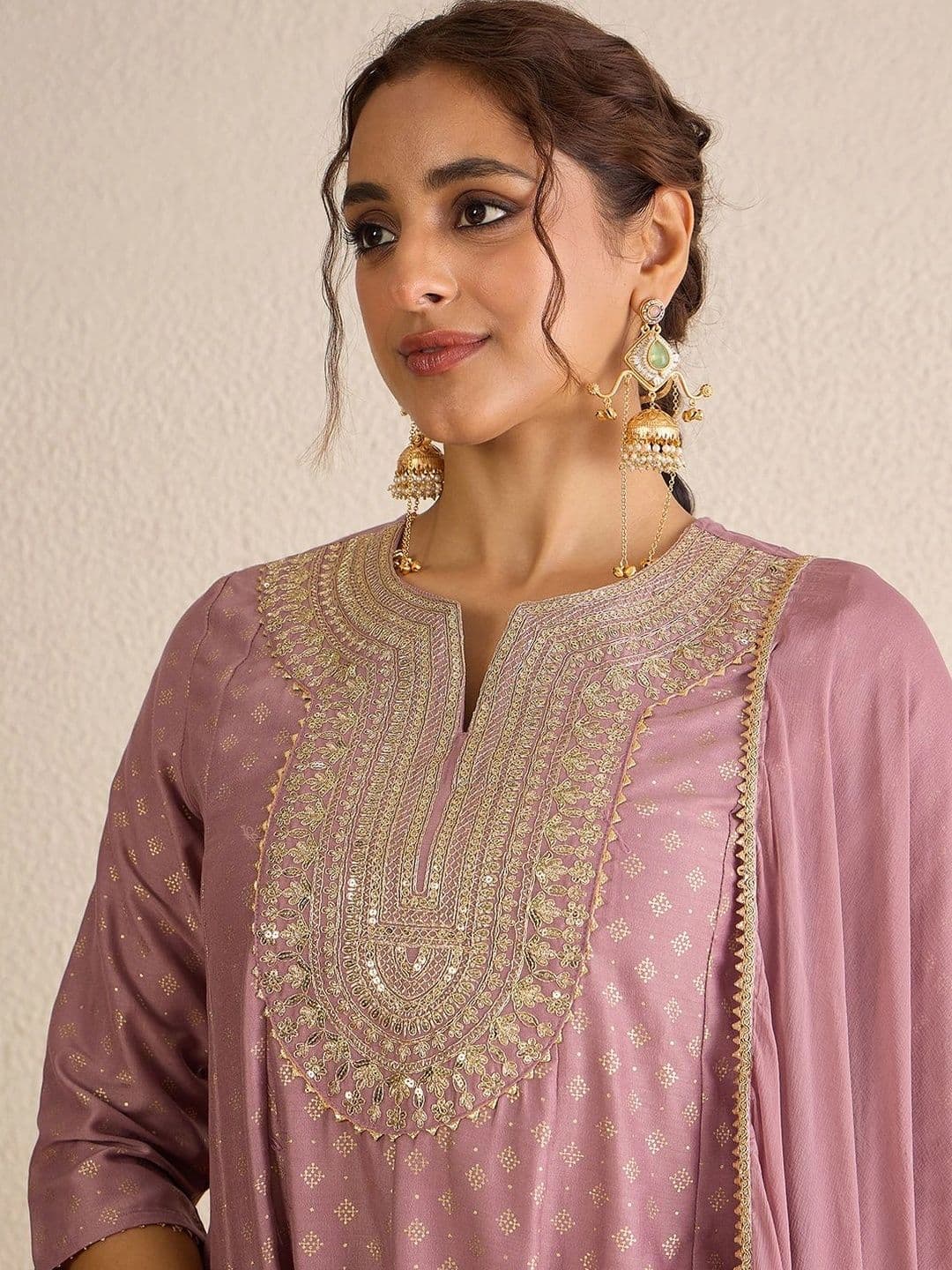 Janasya Ethnic Motifs Printed Panelled Thread Work Muslin Kurta With Palazzo & Dupatta Set thumbnail 2