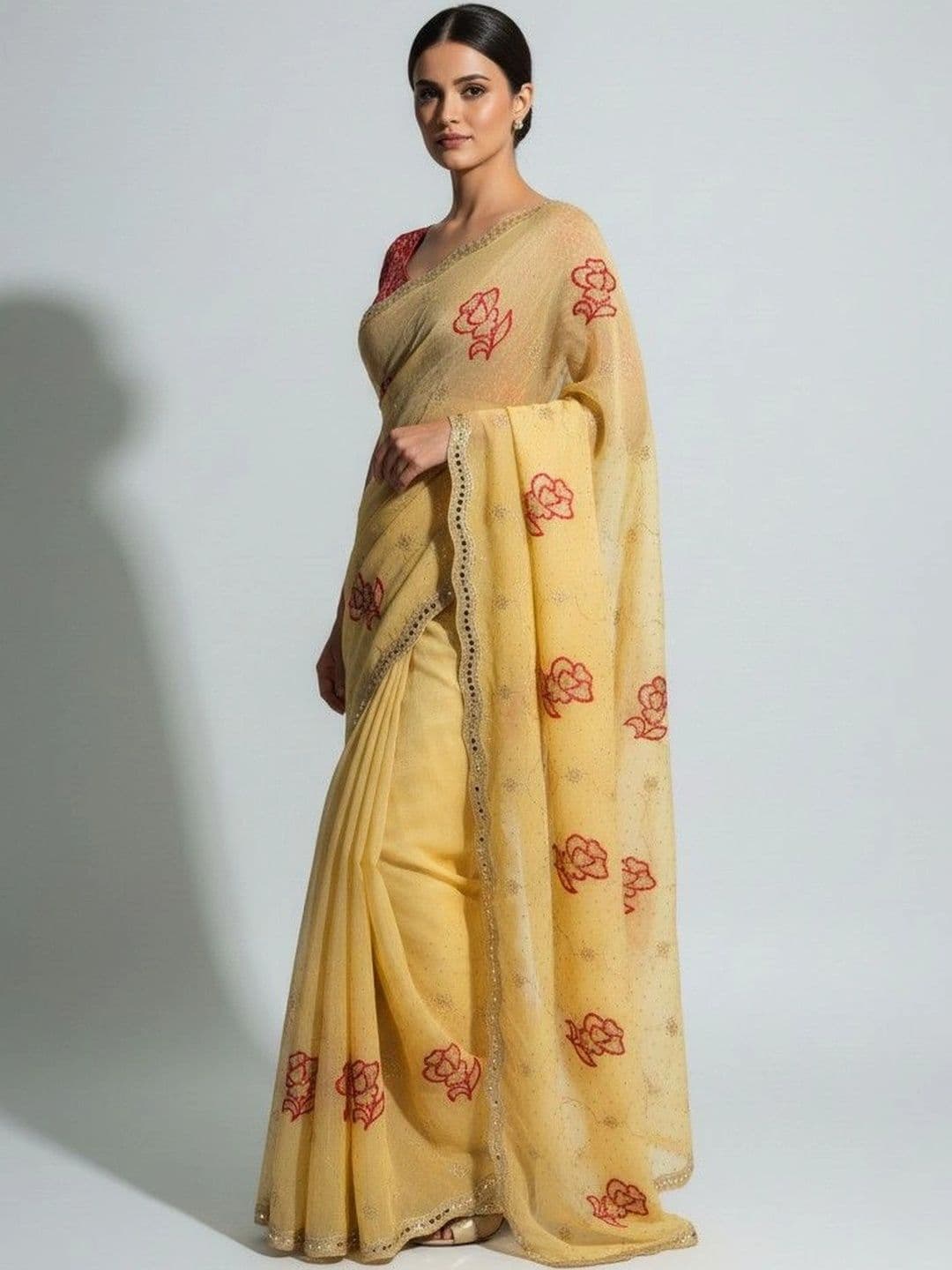 SmileyFashion Floral Poly Georgette Saree thumbnail 4