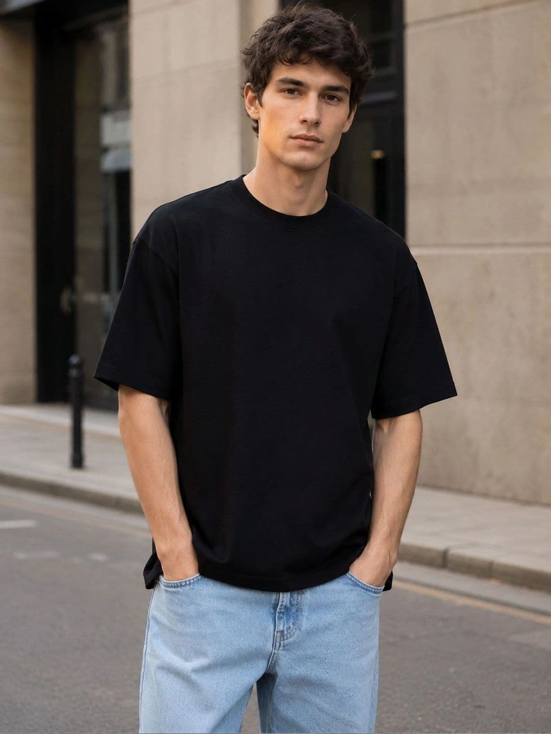 HERE&NOW Men Round Neck Solid T-shirt Black thumbnail 2