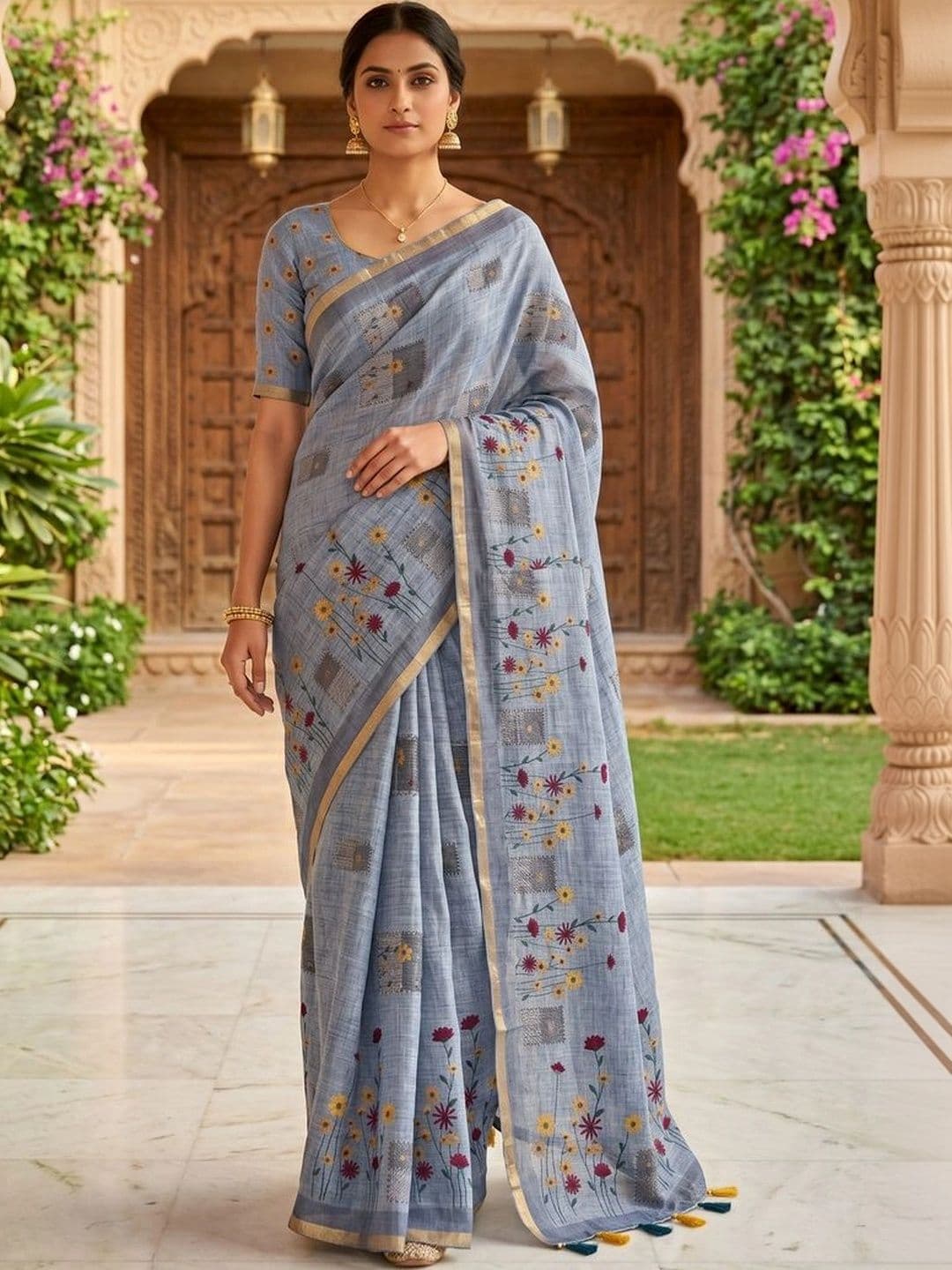 OLIVE SAGE Floral Linen Blend Tussar Saree - view 1