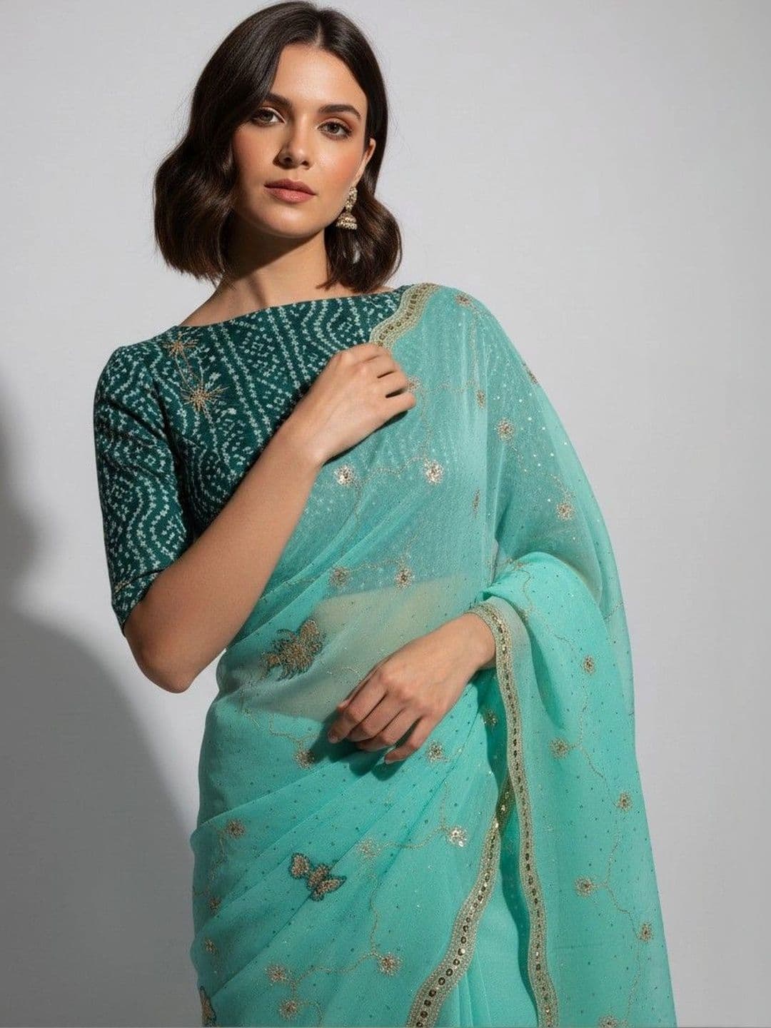 SmileyFashion Floral Zari Poly Georgette Saree thumbnail 4