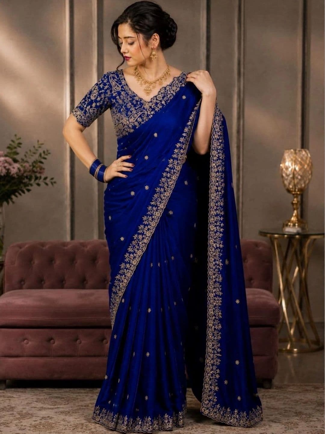 DHARMEE Ethnic Motifs Embroidered Satin Heavy Work Maheshwari Saree - view 1