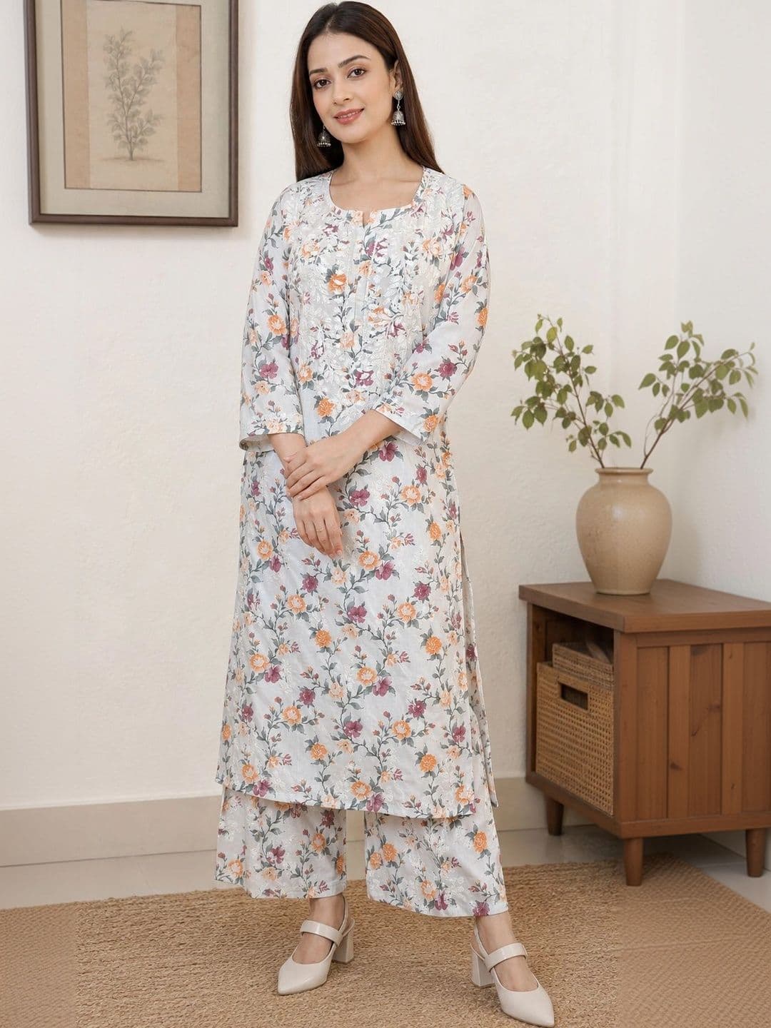 Corrdon Women Floral Printed Regular Thread Work Pure Cotton Kurta with Palazzos - view 1